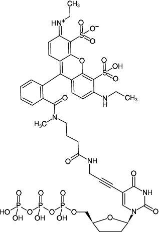 Structural formula of 5-Propargylamino-ddUTP-ATTO-532 (5-Propargylamino-2',3'-dideoxyuridine-5'-triphosphate, labeled with ATTO 532, Triethylammonium salt)