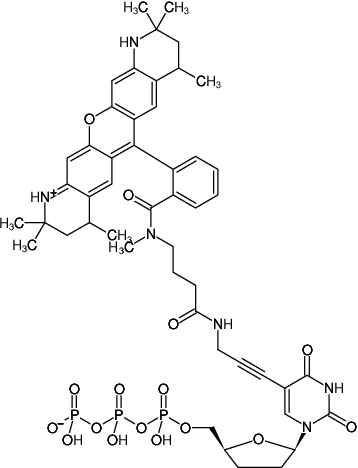 Structural formula of 5-Propargylamino-ddUTP-ATTO-550 (5-Propargylamino-2',3'-dideoxyuridine-5'-triphosphate, labeled with ATTO 550, Triethylammonium salt)