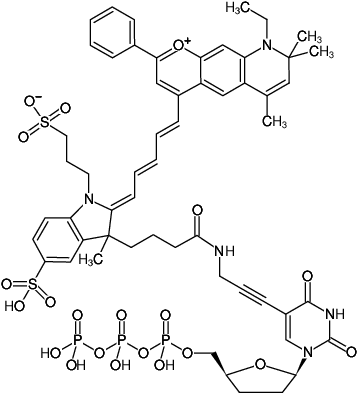 Structural formula of 5-Propargylamino-ddUTP-DY-776 (5-Propargylamino-2',3'-dideoxyuridine-5'-triphosphate, labeled with DY 776, Triethylammonium salt)