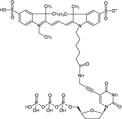 Structural formula of 5-Propargylamino-ddUTP-Cy3 (5-Propargylamino-2',3'-dideoxyuridine-5'-triphosphate, labeled with Cy3, Triethylammonium salt)