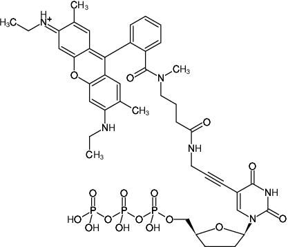 Structural formula of 5-Propargylamino-ddUTP-ATTO-Rho6G (5-Propargylamino-2',3'-dideoxyuridine-5'-triphosphate, labeled with ATTO Rho6G, Triethylammonium salt)