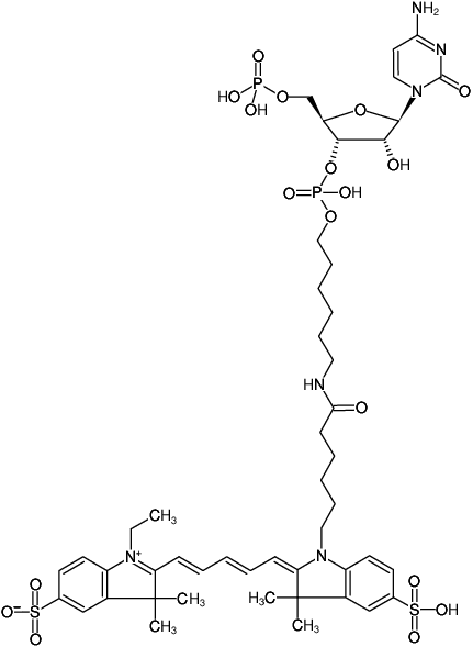 Structural formula of pCp-Cy5 (Cytidine-5'-phosphate-3'-(6-aminohexyl)phosphate, labeled with Cy5, Triethylammonium salt)