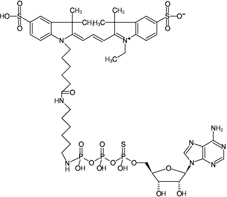 Structural formula of γ-[(6-Aminohexyl)-imido]-ATPαS-Cy3 (γ-[(6-Aminohexyl)-imido]-adenosine-5'-(α-thio)-triphosphate, labeled with Cy3, Triethylammonium salt)