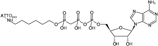 Structural formula of γ-(6-Aminohexyl)-AppCp-ATTO-643 (γ-(6-Aminohexyl)-adenosine-5'-[(beta,gamma)-methyleno]triphosphate, labeled with ATTO-488, Triethylammonium salt)