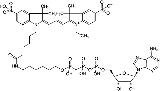 Structural formula of γ-(6-Aminohexyl)-AppCp-Cy3 (γ-(6-Aminohexyl)-adenosine-5'-[(beta,gamma)-methyleno]triphosphate, labeled with Cy3, Triethylammonium salt)