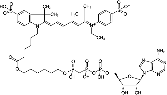 Structural formula of γ-(6-Aminohexyl)-AppCp-Cy5 (γ-(6-Aminohexyl)-adenosine-5'-[(beta,gamma)-methyleno]triphosphate, labeled with Cy5, Triethylammonium salt)