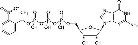 Structural formula of NPE-caged-GTP (Guanosine-5'-triphosphate, P3-(1-(2-nitrophenyl)-ethyl)-ester, Sodium salt)