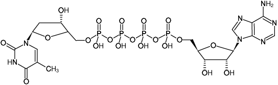 Structural formula of AP4dT (P1-(5'-Adenosyl) P4-[5'-(2'-deoxy-thymidyl)] tetraphosphate, Triethylammonium salt)