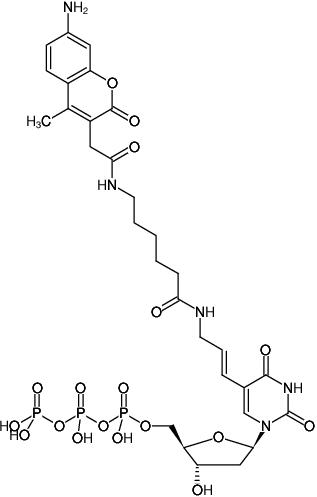 Structural formula of AMCA-6-dUTP (Aminoallyl-dUTP - AMCA, Aminomethylcoumarin-6-dUTP)