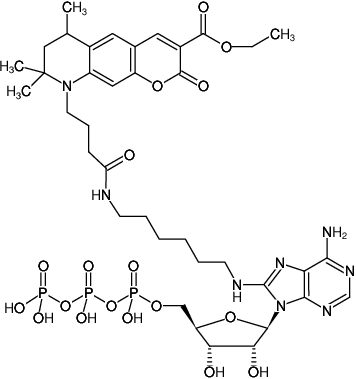 Structural formula of 8-(6-Aminohexyl)-amino-ATP-ATTO-425 (8-(6-Aminohexyl)-amino-adenosine-5'-triphosphate, labeled with ATTO 425, Triethylammonium salt)