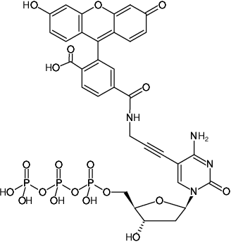 Structural formula of 5-Propargylamino-dCTP-6-FAM (5-Propargylamino-2'-deoxycytidine-5'-triphosphate, labeled with 6 FAM, Triethylammonium salt)