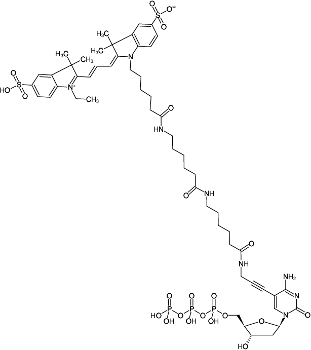 Structural formula of 5-Propargylamino-dCTP-XX-Cy3 (5-(6-aminohexanoyl-6-aminohexanoyl-3-propagylamino)-2'-deoxycytidine-5'-triphosphate, labeled with Cy3, Triethylammonium salt)