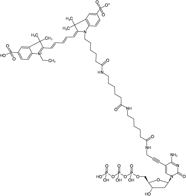 Structural formula of 5-Propargylamino-dCTP-XX-Cy5 (5-(6-aminohexanoyl-6-aminohexanoyl-3-propagylamino)-2'-deoxycytidine-5'-triphosphate, labeled with Cy5, Triethylammonium salt)