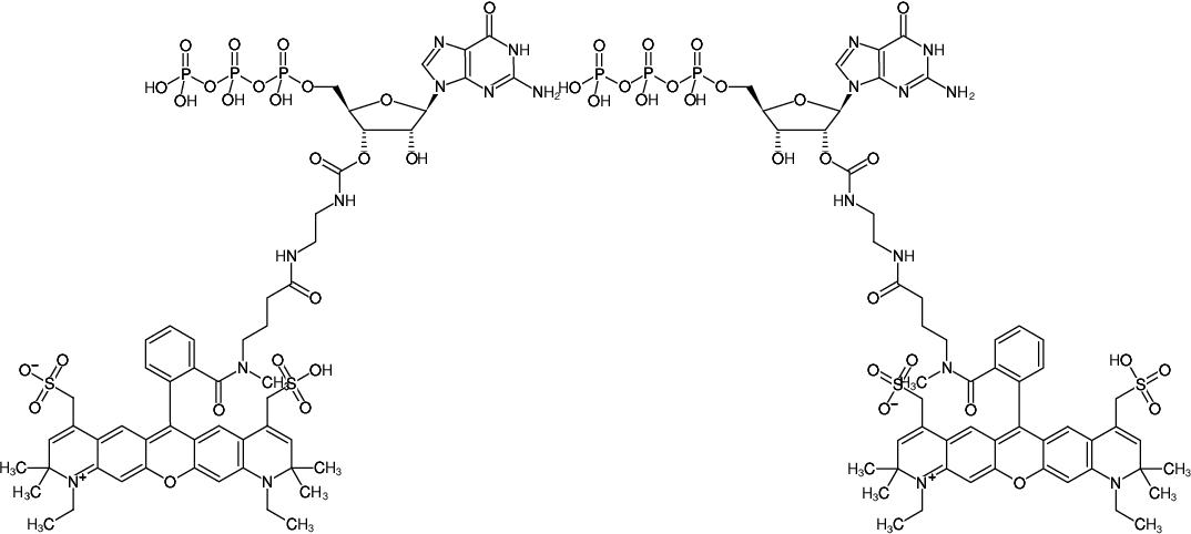 Structural formula of EDA-GTP-ATTO-594 (2'/3'-O-(2-Aminoethyl-carbamoyl)-Guanosine-5'-triphosphate, labeled with ATTO 594, Triethylammonium salt)