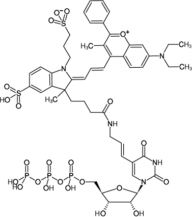 Structural formula of Aminoallyl-UTP-DYQ-661 (5-(3-Aminoallyl)-uridine-5'-triphosphate, labeled with DYQ 661, Triethylammonium salt)