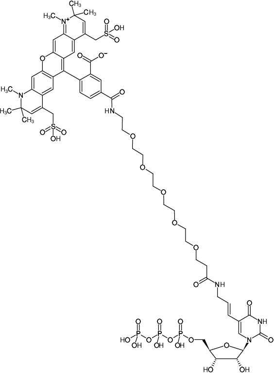 Structural formula of Aminoallyl-UTP-PEG5-AF594 (5-(3-Aminoallyl-PEG5)-uridine-5'-triphosphate, labeled with AF594, Triethylammonium salt)