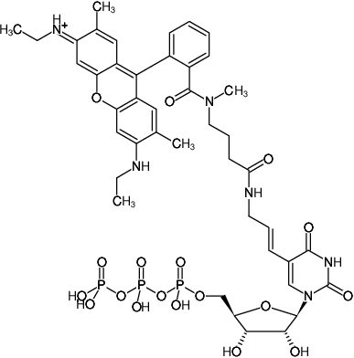 Structural formula of Aminoallyl-UTP-ATTO-Rho6G (5-(3-Aminoallyl)-uridine-5'-triphosphate, labeled with ATTO Rho6G, Triethylammonium salt)