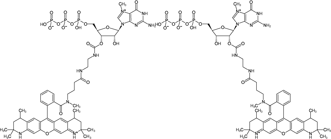 Structural formula of EDA-m7GTP-ATTO-550 (2'/3'-O-(2-Aminoethyl-carbamoyl)-7-methyl-guanosine-5'-triphosphate, labeled with ATTO 550, Triethylammonium salt)