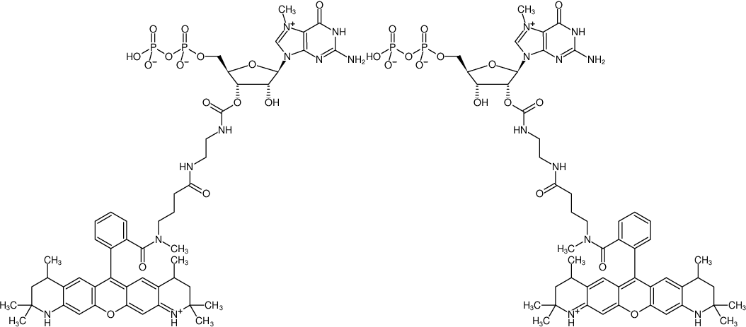 Structural formula of EDA-m7GDP-ATTO-550 (2'/3'-O-(2-Aminoethyl-carbamoyl)-7-methyl-guanosine-5'-diphosphate, labeled with ATTO 550, Triethylammonium salt)