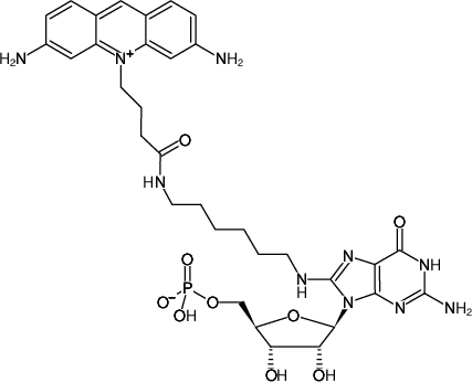 Structural formula of 8-(6-Aminohexyl)-amino-GMP-ATTO-465 (8-(6-Aminohexyl)-amino-guanosine-5'-monophosphate, labeled with ATTO 465)