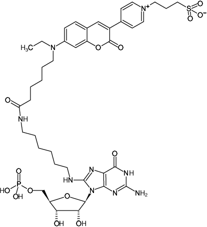 Structural formula of 8-(6-Aminohexyl)-amino-GMP-DY-485XL (8-(6-Aminohexyl)-amino-guanosine-5'-monophosphate, labeled with DY 485XL)