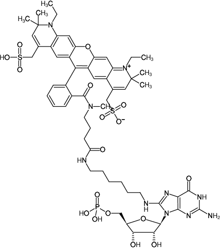 Structural formula of 8-(6-Aminohexyl)-amino-GMP-ATTO-594 (8-(6-Aminohexyl)-amino-guanosine-5'-monophosphate, labeled with ATTO 594, Triethylammonium salt)