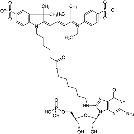 Structural formula of 8-(6-Aminohexyl)-amino-GMP-Cy3 (8-(6-Aminohexyl)-amino-guanosine-5'-monophosphate, labeled with Cy3, Triethylammonium salt)