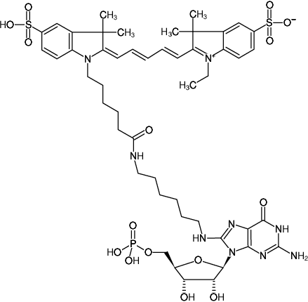 Structural formula of 8-(6-Aminohexyl)-amino-GMP-Cy5 (8-(6-Aminohexyl)-amino-guanosine-5'-monophosphate, labeled with Cy5, Triethylammonium salt)