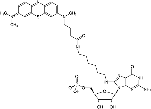 Structural formula of 8-(6-Aminohexyl)-amino-GMP-ATTO-MB2 (8-(6-Aminohexyl)-amino-guanosine-5'-monophosphate, labeled with ATTO-MB2, Triethylammonium salt)