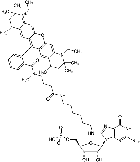 Structural formula of 8-(6-Aminohexyl)-amino-GMP-ATTO-Rho12 (8-(6-Aminohexyl)-amino-guanosine-5'-monophosphate, labeled with ATTO Rho12, Triethylammonium salt)