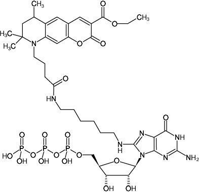 Structural formula of 8-(6-Aminohexyl)-amino-GTP-ATTO-425 (8-(6-Aminohexyl)-amino-guanosine-5'-triphosphate, labeled with ATTO 425, Triethylammonium salt)