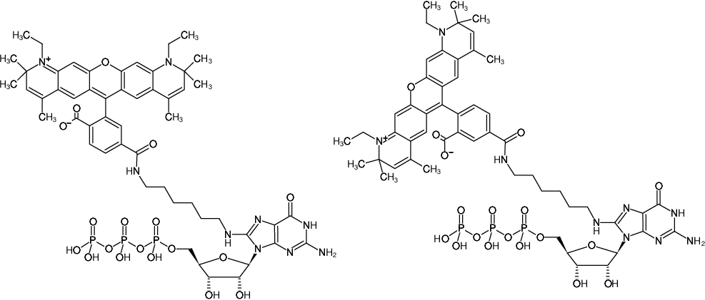 Structural formula of 8-(6-Aminohexyl)-amino-GTP-ATTO-590 (8-(6-Aminohexyl)-amino-guanosine-5'-triphosphate, labeled with ATTO 590, Triethylammonium salt)