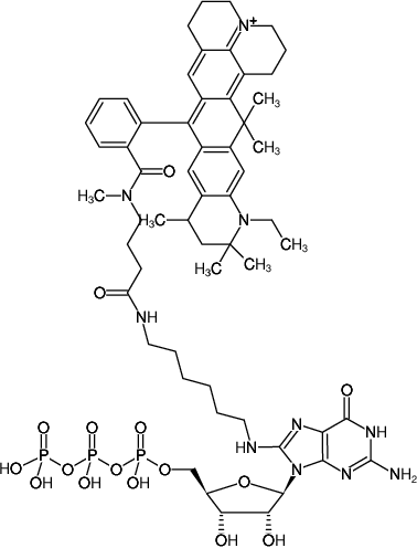 Structural formula of 8-(6-Aminohexyl)-amino-GTP-ATTO-647N (8-(6-Aminohexyl)-amino-guanosine-5'-triphosphate, labeled with ATTO 647N, Triethylammonium salt)