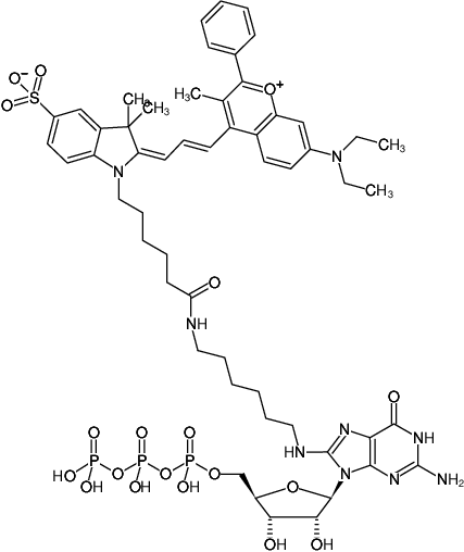 Structural formula of 8-(6-Aminohexyl)-amino-GTP-DYQ-660 (8-(6-Aminohexyl)-amino-guanosine-5'-triphosphate, labeled with DYQ 660, Triethylammonium salt)