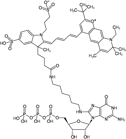 Structural formula of 8-(6-Aminohexyl)-amino-GTP-DY-751 (8-(6-Aminohexyl)-amino-guanosine-5'-triphosphate, labeled with DY 751, Triethylammonium salt)