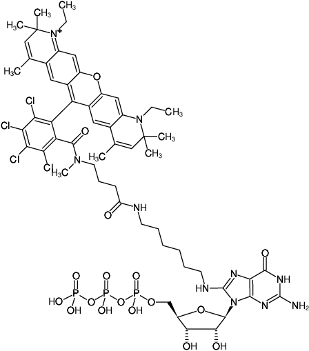 Structural formula of 8-(6-Aminohexyl)-amino-GTP-ATTO-Rho14 (8-(6-Aminohexyl)-amino-guanosine-5'-triphosphate, labeled with ATTO Rho14, Triethylammonium salt)