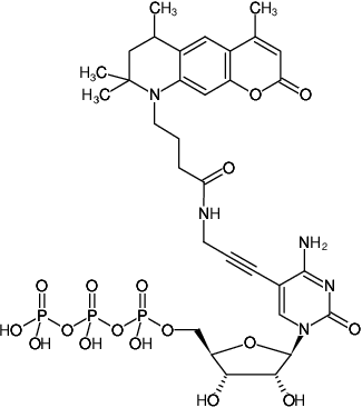 Structural formula of 5-Propargylamino-CTP-ATTO-390 (5-Propargylamino-cytidine-5'-triphosphate, labeled with ATTO 390, Triethylammonium salt)