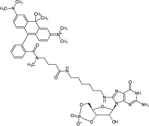 Structural formula of 8-(6-Aminohexyl)-amino-cGMP-ATTO-620 (8-(6-Aminohexyl)-amino-guanosine-3',5'-cyclic monophosphate, labeled with ATTO 620, Triethylammonium salt)