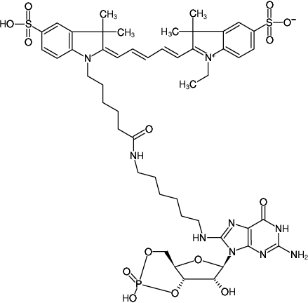 Structural formula of 8-(6-Aminohexyl)-amino-cGMP-Cy5 (8-(6-Aminohexyl)-amino-guanosine-3',5'-cyclic monophosphate, labeled with Cy5, Triethylammonium salt)