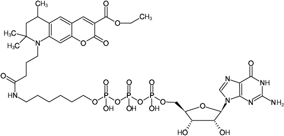 Structural formula of γ-(6-Aminohexyl)-GTP-ATTO-425 (γ-(6-Aminohexyl)-guanosine-5'-triphosphate, labeled with ATTO 425, Triethylammonium salt)