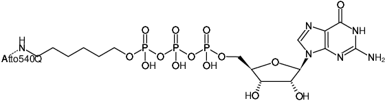 Structural formula of γ-(6-Aminohexyl)-GTP-ATTO-540Q (γ-(6-Aminohexyl)-guanosine-5'-triphosphate, labeled with ATTO 540Q, Triethylammonium salt)