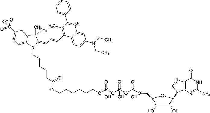 Structural formula of γ-(6-Aminohexyl)-GTP-DYQ-660 (γ-(6-Aminohexyl)-guanosine-5'-triphosphate, labeled with DYQ 660, Triethylammonium salt)