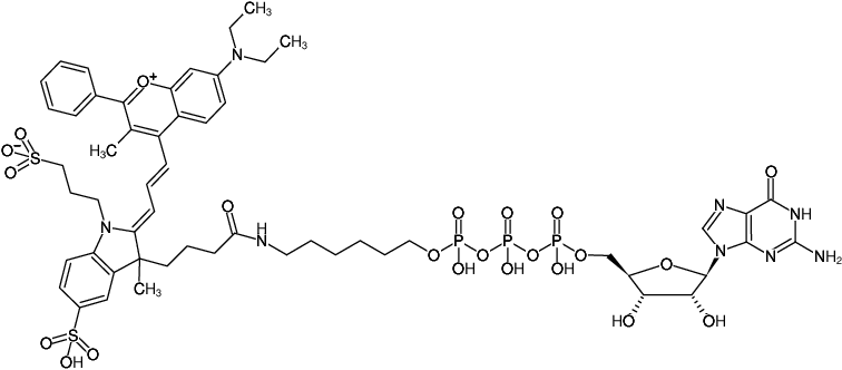 Structural formula of γ-(6-Aminohexyl)-GTP-DYQ-661 (γ-(6-Aminohexyl)-guanosine-5'-triphosphate, labeled with DYQ 661, Triethylammonium salt)