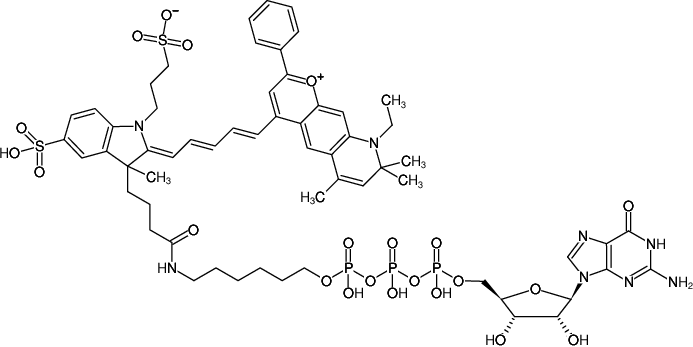 Structural formula of γ-(6-Aminohexyl)-GTP-DY-776 (γ-(6-Aminohexyl)-guanosine-5'-triphosphate, labeled with DY 776, Triethylammonium salt)