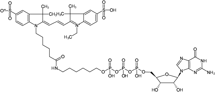 Structural formula of γ-(6-Aminohexyl)-GTP-Cy3 (γ-(6-Aminohexyl)-guanosine-5'-triphosphate, labeled with Cy3, Triethylammonium salt)