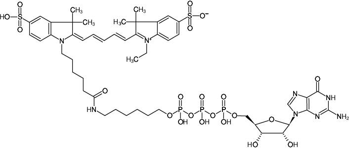 Structural formula of γ-(6-Aminohexyl)-GTP-Cy5 (γ-(6-Aminohexyl)-guanosine-5'-triphosphate, labeled with Cy5, Triethylammonium salt)