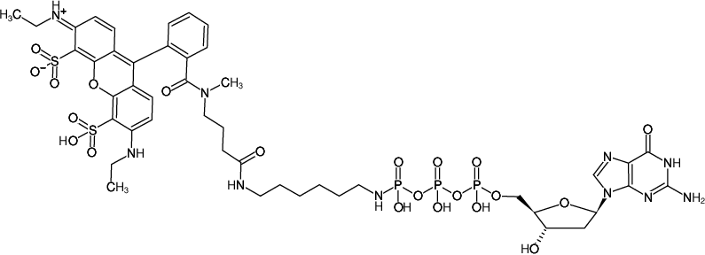 Structural formula of γ-[(6-Aminohexyl)-imido]-dGTP-ATTO-532 (γ-[(6-Aminohexyl)-imido]-2'-deoxyguanosine-5'-triphosphate, labeled with ATTO-532, Triethylammonium salt)