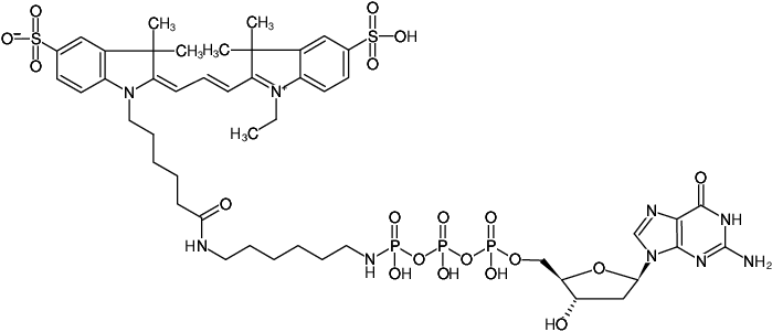 Structural formula of γ-[(6-Aminohexyl)-imido]-dGTP-Cy3 (γ-[(6-Aminohexyl)-imido]-2'-deoxyguanosine-5'-triphosphate, labeled with Cy3, Triethylammonium salt)