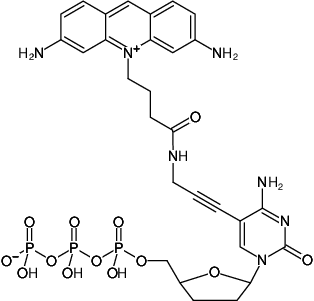 Structural formula of 5-Propargylamino-ddCTP-ATTO-465 (5-Propargylamino-2',3'-dideoxycytidine-5'-triphosphate, labeled with ATTO 465, Triethylammonium salt)