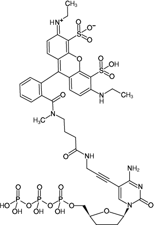 Structural formula of 5-Propargylamino-ddCTP-ATTO-532 (5-Propargylamino-2',3'-dideoxycytidine-5'-triphosphate, labeled with ATTO 532, Triethylammonium salt)